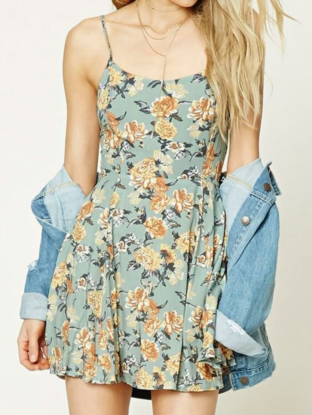 Forever 21 Sage Green Floral Spaghetti-Strap Skater Dress W/ Corset Back